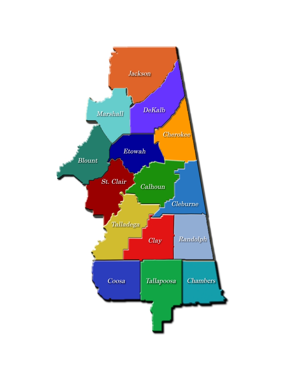 Portion of an Alabama Map depicting the 15 counties included as part of the economic summit
